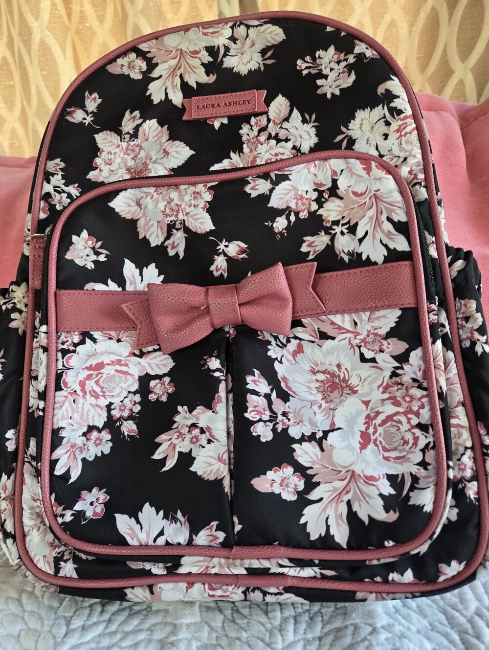 Laura Ashley Black Floral Backpack with Pink Accents